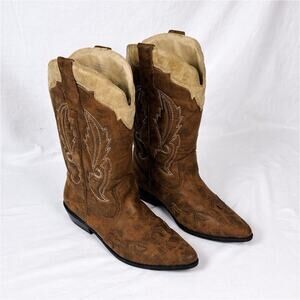 Women’s Brown Western Cowboy Boots Size 10M Embroidered Pull On